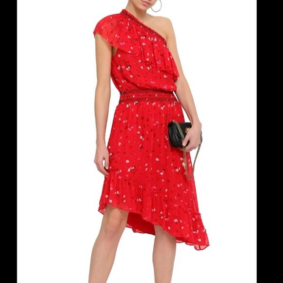 Joie Hafsa One Shoulder Asymmetrical Midi Dress Ruched Patterned sz M - Picture 3 of 13